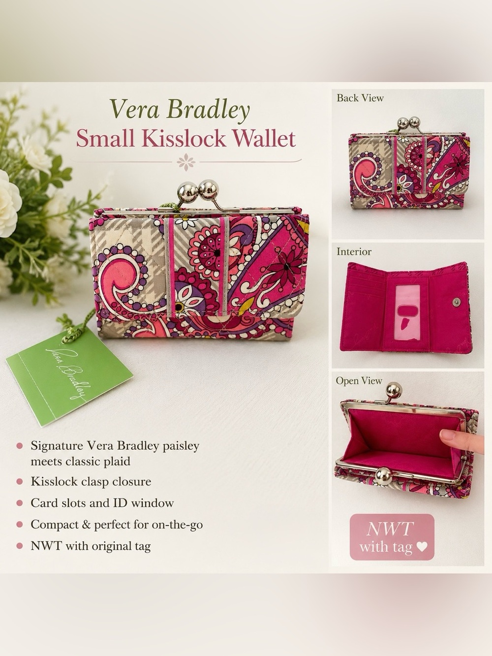 NWT Vera Bradley Small Kisslock Wallet – Paisley Meets Plaid Print - Picture 1 of 2